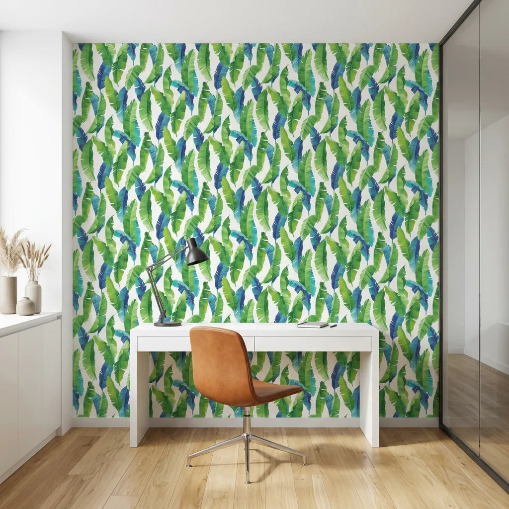 Jade Surge vibrant green banana leaf as a feature wall in a bright home office