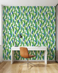 Jade Surge vibrant green banana leaf as a feature wall in a bright home office