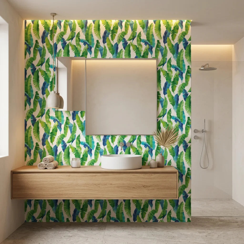 Jade Surge vibrant green banana leaf creating ambiance in a serene bathroom