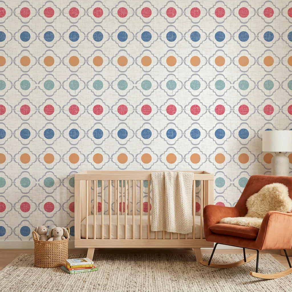 Multicolored geometric Jade Trellis wallpaper with quatrefoil circles in nursery setting