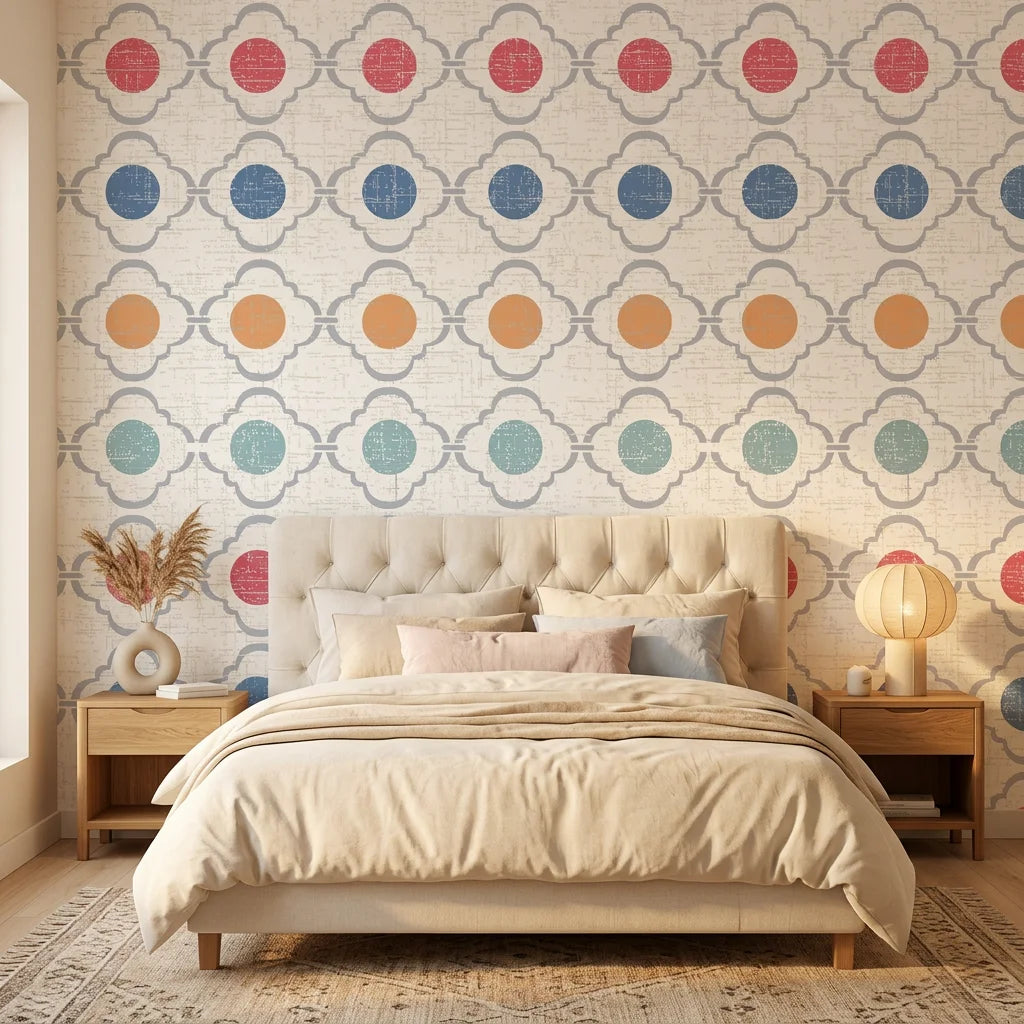 Multicolored Jade Trellis wallpaper with quatrefoil pattern and textured circles in modern bedroom setting