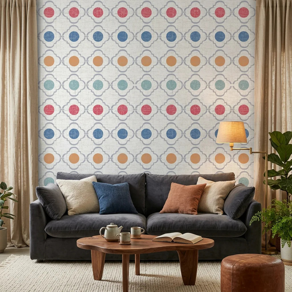Jade Trellis removable wallpaper with colorful geometric circles on modern living room accent wall