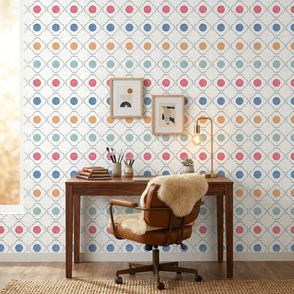 Multicolored Jade Trellis peel and stick wallpaper in modern home office with geometric circles pattern