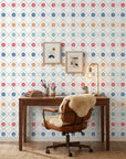 Multicolored Jade Trellis peel and stick wallpaper in modern home office with geometric circles pattern