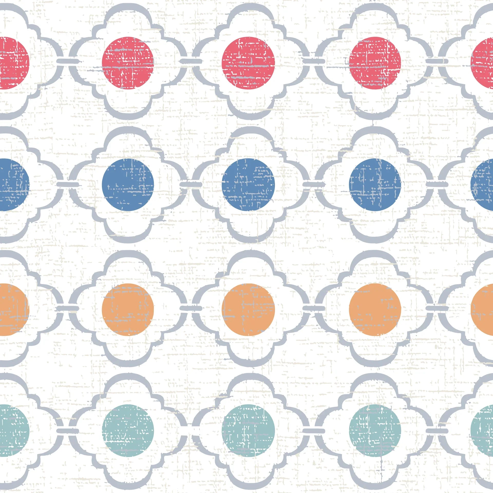 Moroccan quatrefoil Jade Trellis wallpaper with coral, blue, peach, and mint circles on distressed white background