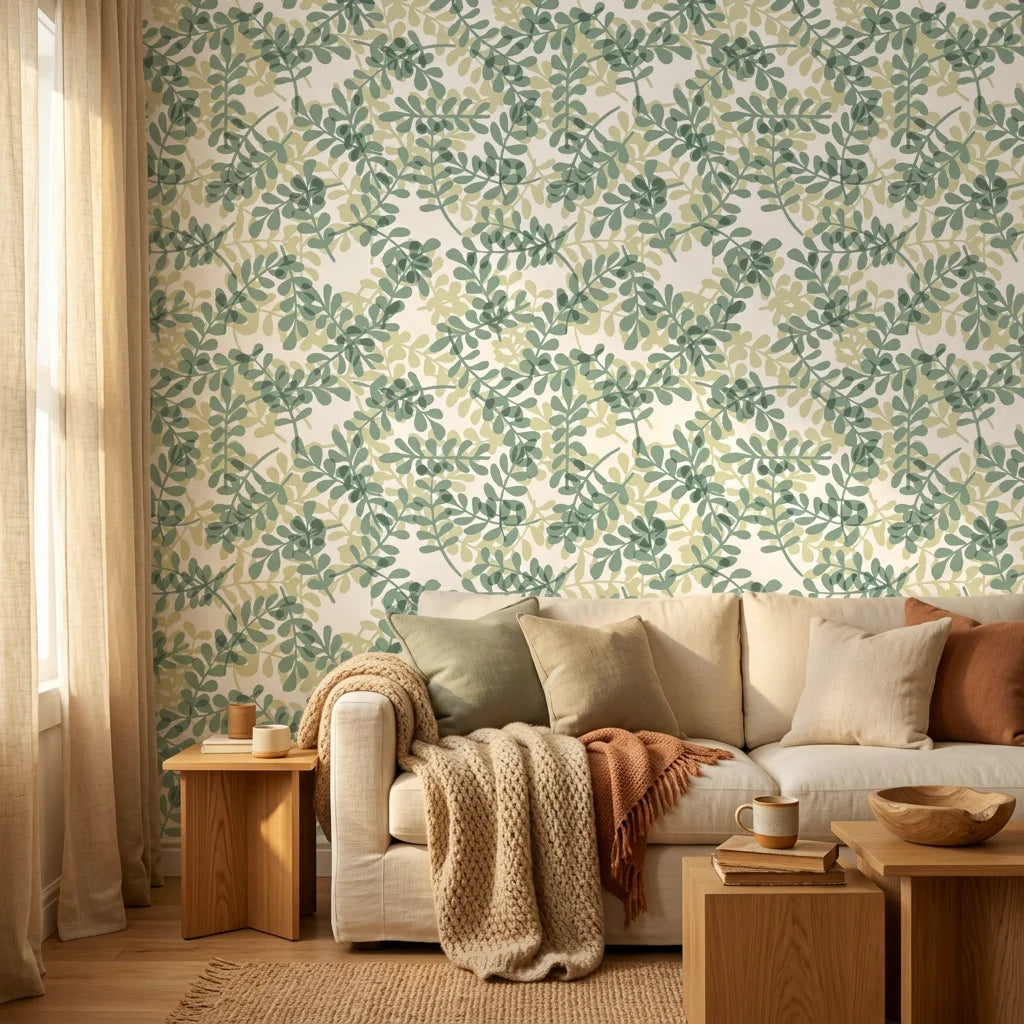 Jade and Citron botanical leaf wallpaper on living room accent wall with beige sofa and natural wood furniture