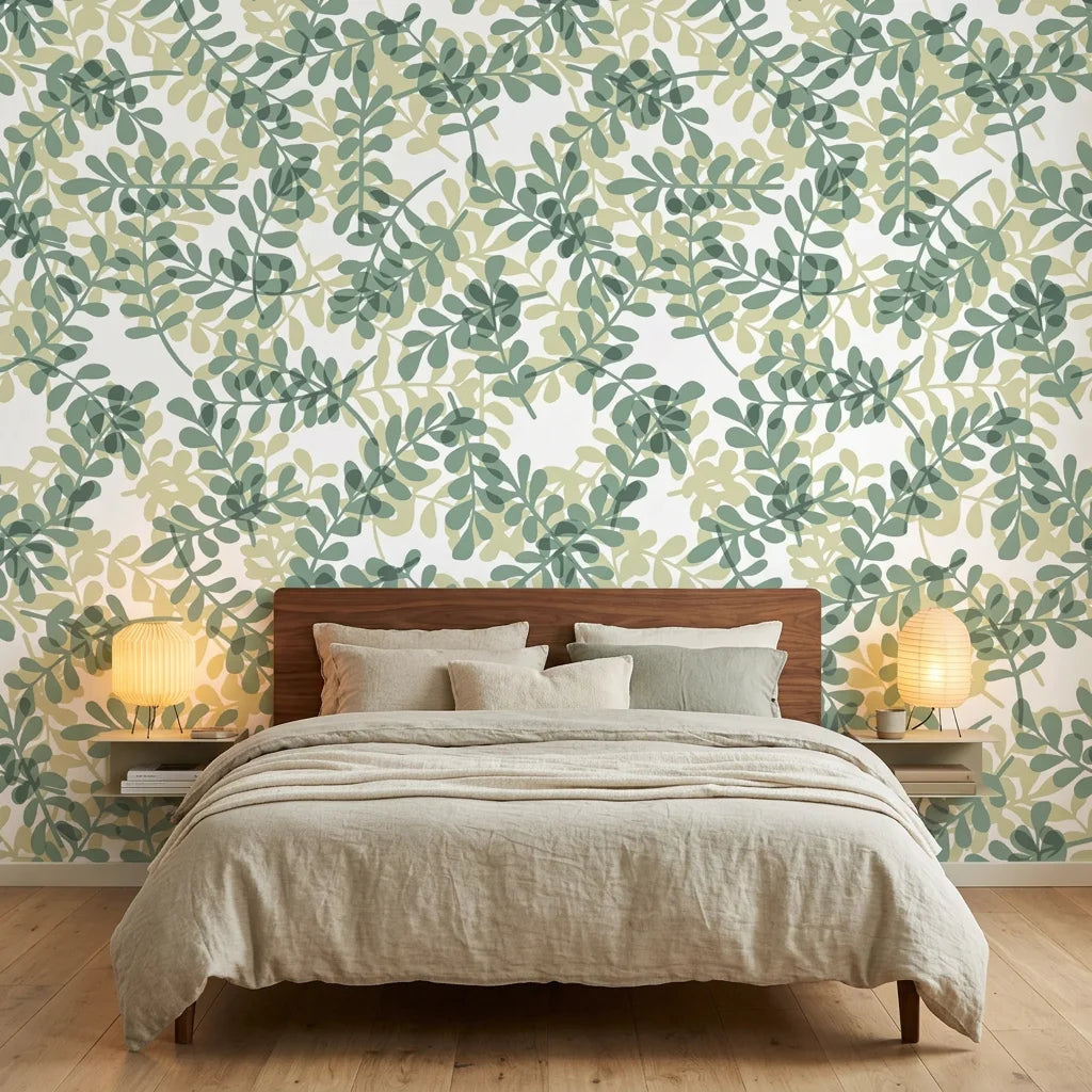 Green and sage botanical leaf pattern Jade & Citron removable wallpaper in modern bedroom setting