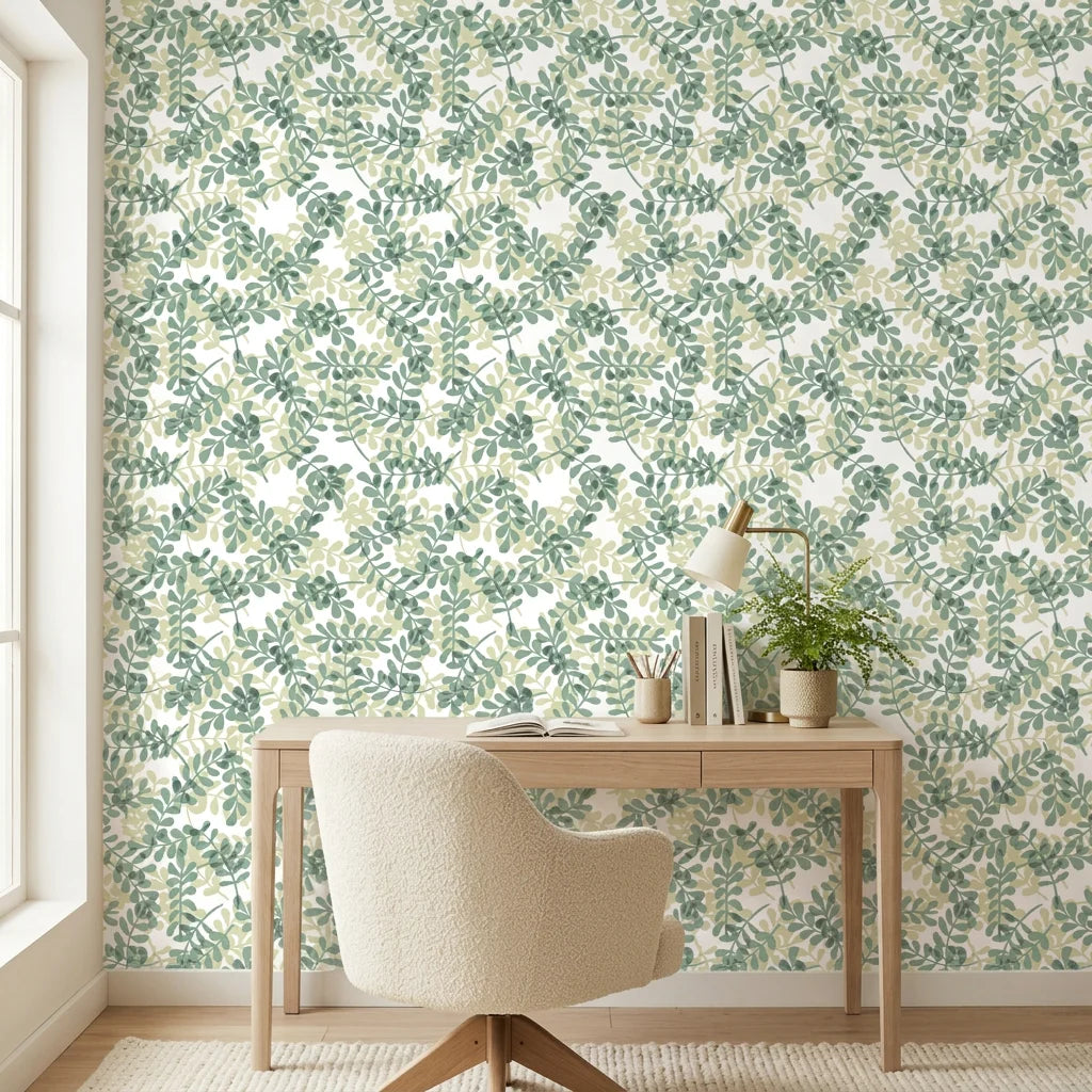 Jade & Citron botanical wallpaper with green eucalyptus leaves on cream background in modern home office