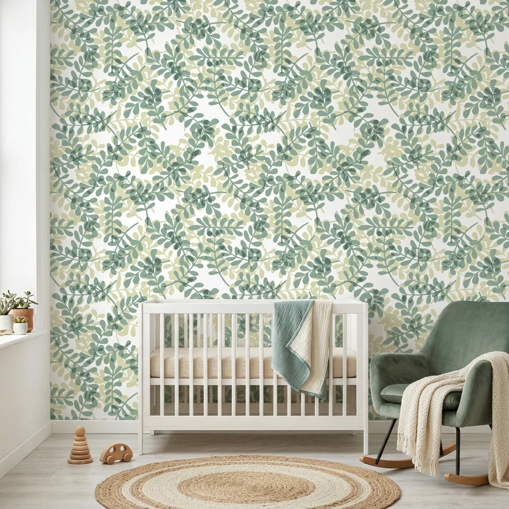 Green and cream Jade & Citron botanical leaf wallpaper in serene nursery setting