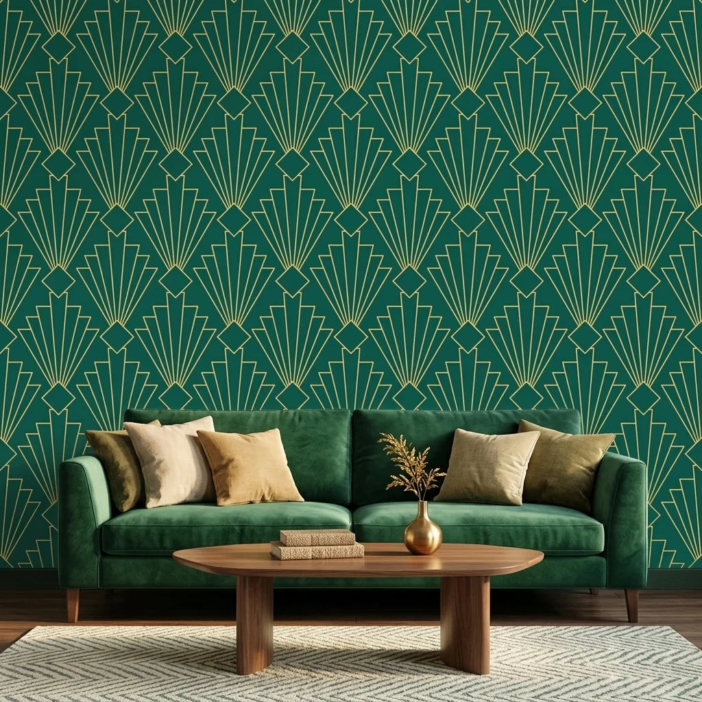 Jade & Gilt dramatic green and gold art deco wallpaper creating ambiance in a serene bathroom