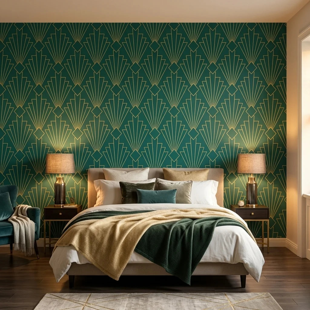 Jade & Gilt dramatic green and gold art deco wallpaper in a warm and inviting living room