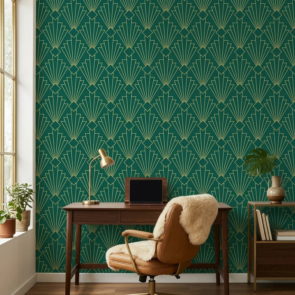 Jade & Gilt dramatic green and gold art deco wallpaper adding character to a cozy bedroom