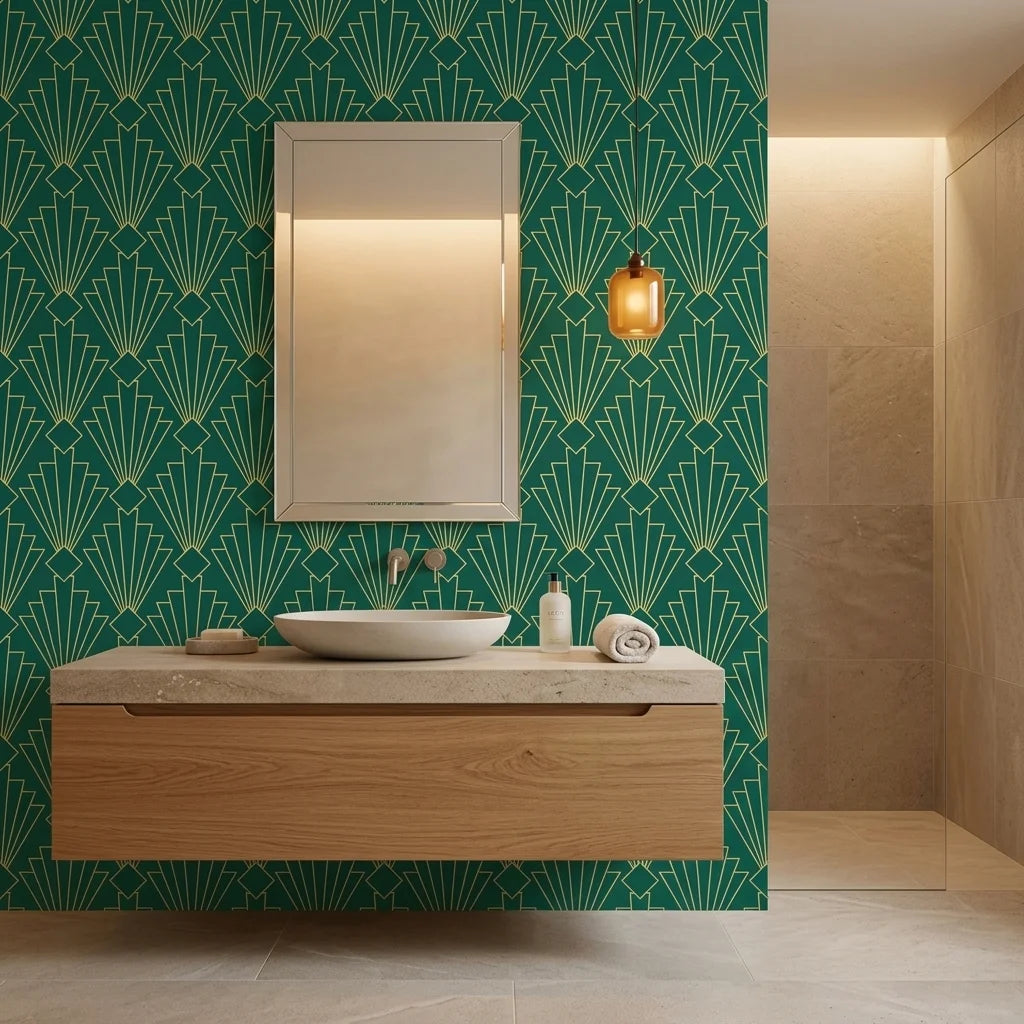 Jade & Gilt dramatic green and gold art deco wallpaper as a feature wall in a bright home office