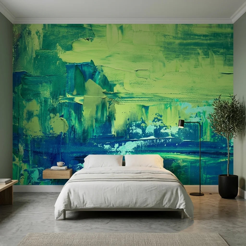 Jade & Rain bold green abstract painterly wallpaper in a warm and inviting living room
