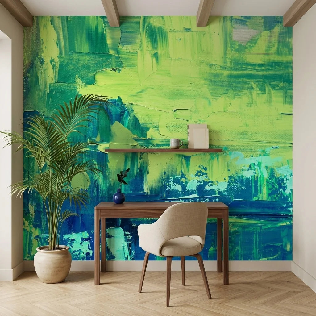 Jade & Rain bold green abstract painterly wallpaper adding character to a cozy bedroom