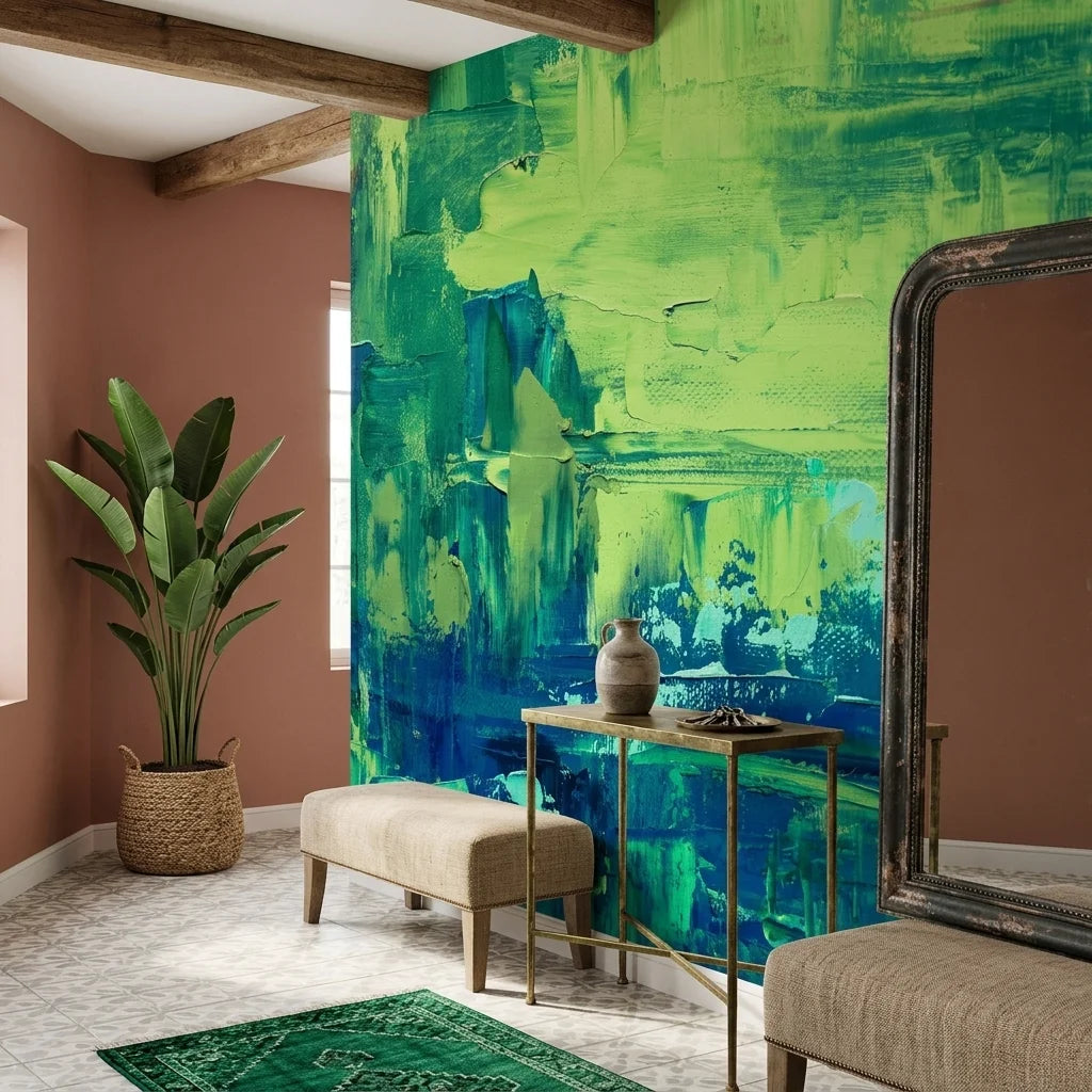 Jade & Rain bold green abstract painterly wallpaper as a feature wall in a bright home office