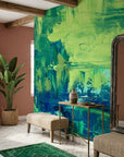 Jade & Rain bold green abstract painterly wallpaper as a feature wall in a bright home office