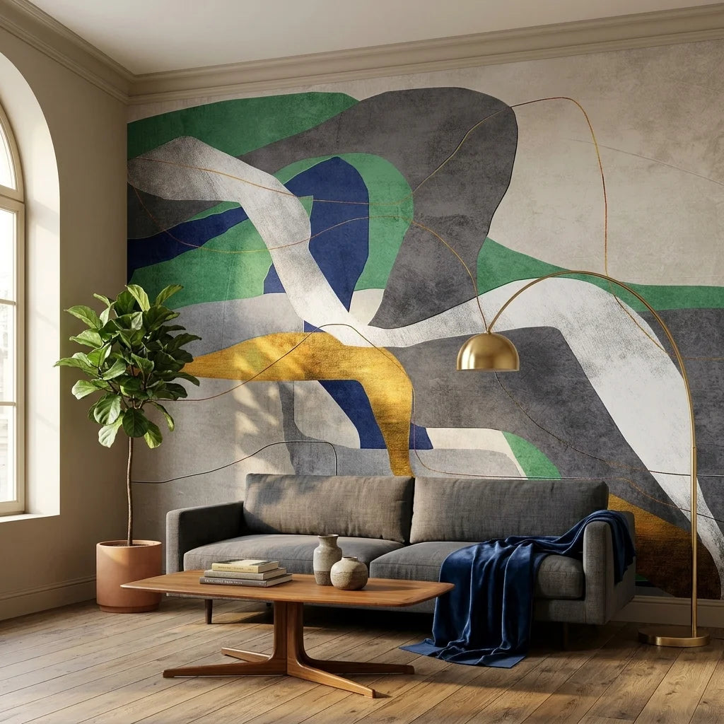 Matte green navy and gold modern abstract peel and stick wallpaper - Jade & Smoke