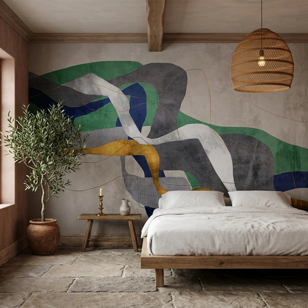 Jade & Smoke green and grey modern abstract wallpaper in a warm and inviting living room