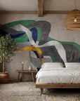 Jade & Smoke green and grey modern abstract wallpaper in a warm and inviting living room