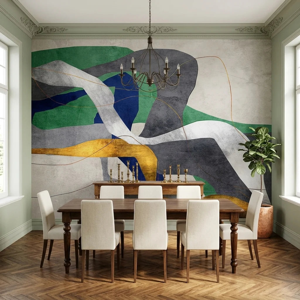 Jade & Smoke green and grey modern abstract wallpaper adding character to a cozy bedroom