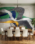 Jade & Smoke green and grey modern abstract wallpaper adding character to a cozy bedroom