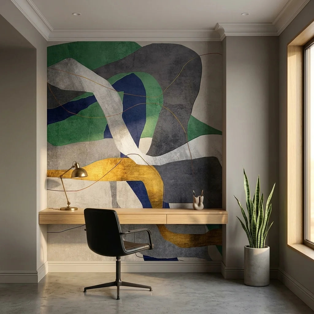 Jade & Smoke green and grey modern abstract wallpaper as a feature wall in a bright home office
