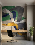 Jade & Smoke green and grey modern abstract wallpaper as a feature wall in a bright home office
