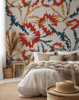 Self-adhesive wallcovering featuring an abstract red and grey sharp-edged bloom motif (Jagged Bloom)
