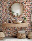 Abstract peel and stick wallpaper featuring a jagged floral pattern in red and grey, named Jagged Bloom