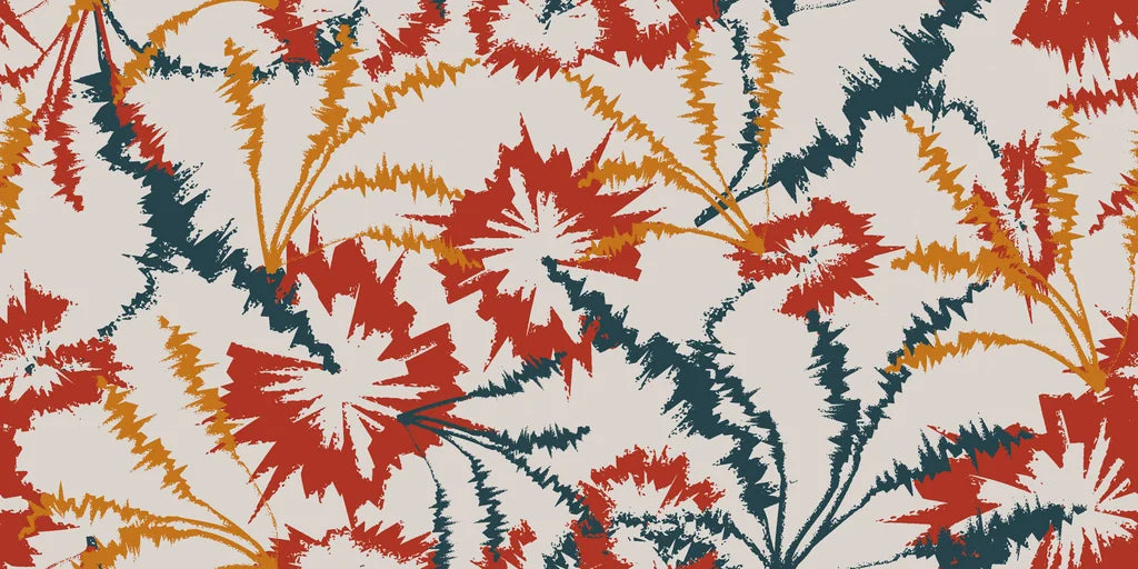 Removable wallpaper featuring an abstract, jagged floral design in shades of red and grey.