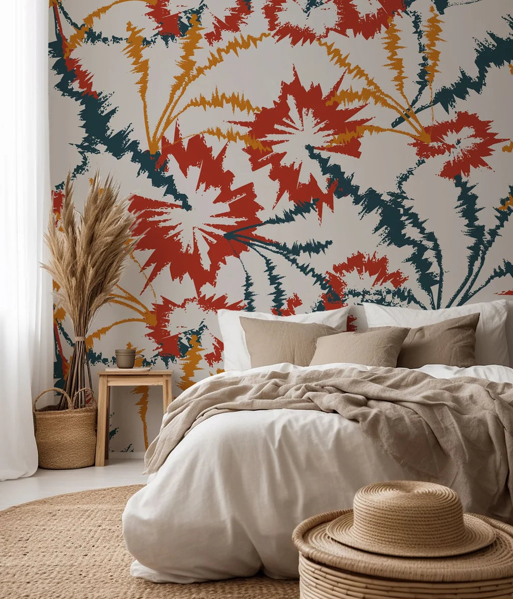 Self-adhesive wallcovering featuring an abstract red and grey sharp-edged bloom motif (Jagged Bloom)