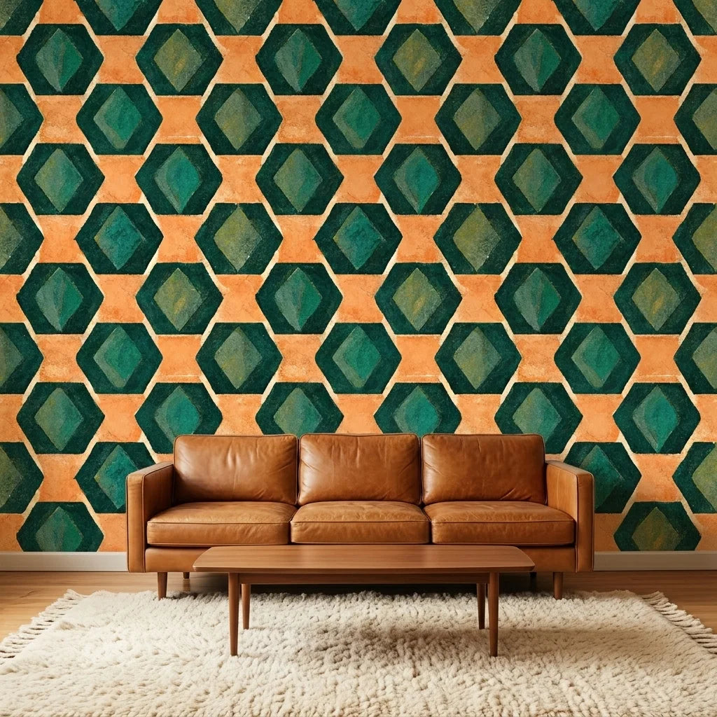 Jeweled Depths vibrant green and orange geometric wallpaper creating ambiance in a serene bathroom