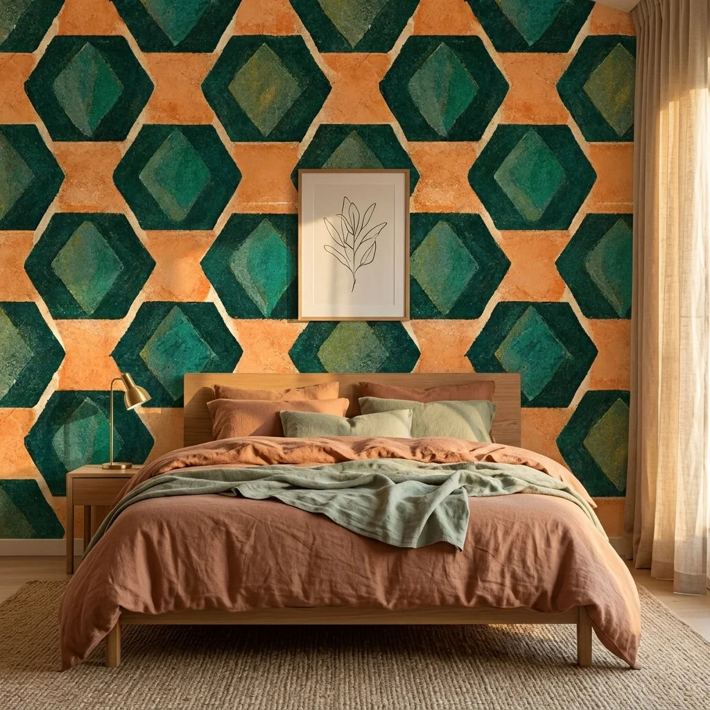 Jeweled Depths vibrant green and orange geometric wallpaper in a warm and inviting living room
