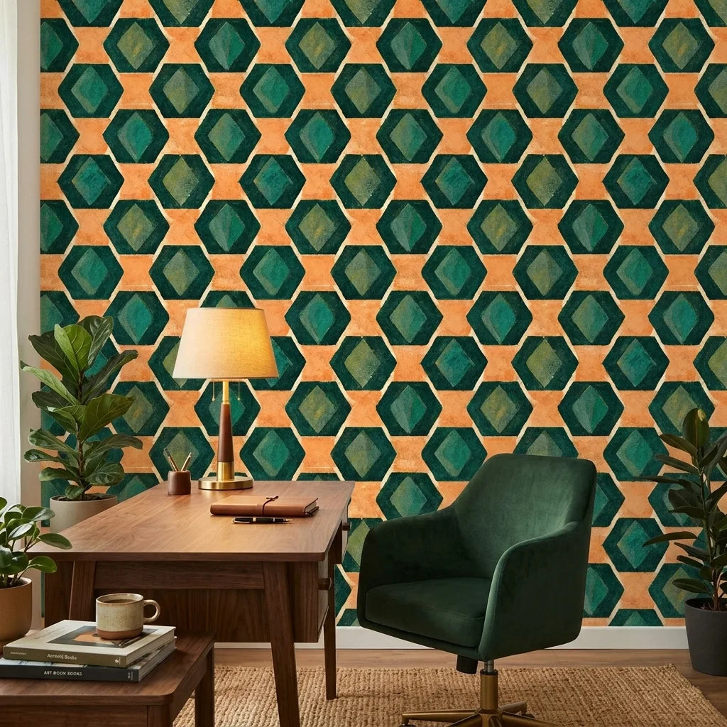 Jeweled Depths vibrant green and orange geometric wallpaper adding character to a cozy bedroom