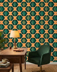 Jeweled Depths vibrant green and orange geometric wallpaper adding character to a cozy bedroom