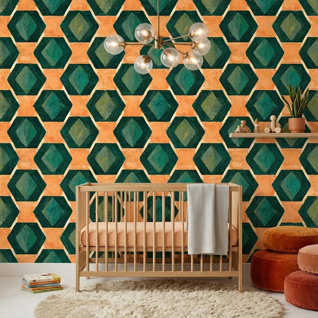 Jeweled Depths vibrant green and orange geometric wallpaper as a feature wall in a bright home office