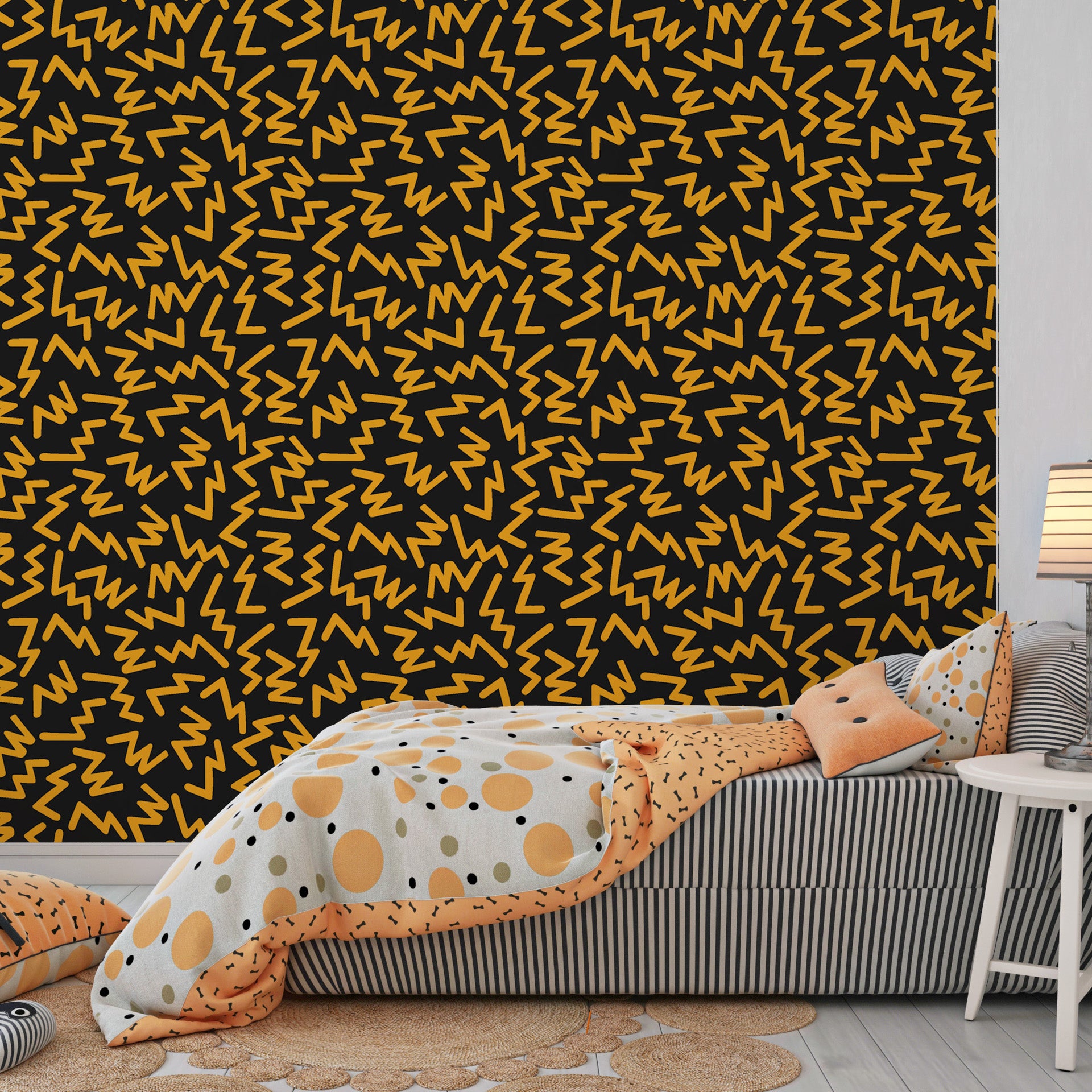 Modern geometric wall covering featuring striking orange and black chevron motifs - Jolt Maze