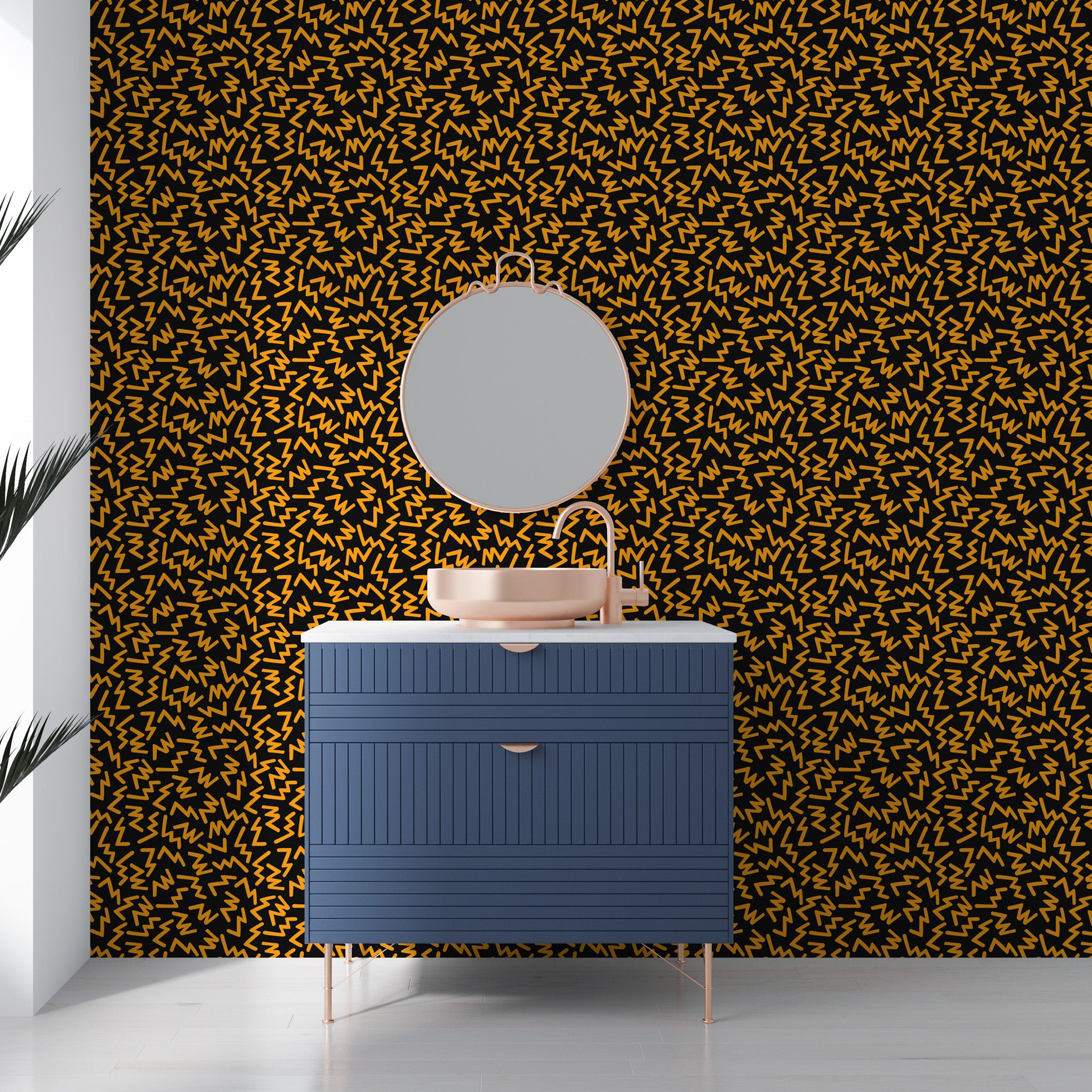 Retro-inspired Memphis geometric print with sharp black and bright orange zigzags on removable vinyl - Jolt Maze