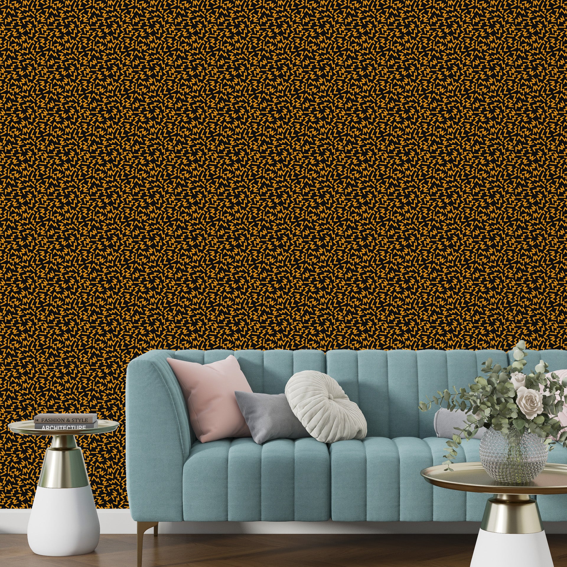 Self-adhesive wall decor showcasing a dynamic orange and black interlocking zigzag graphic - Jolt Maze