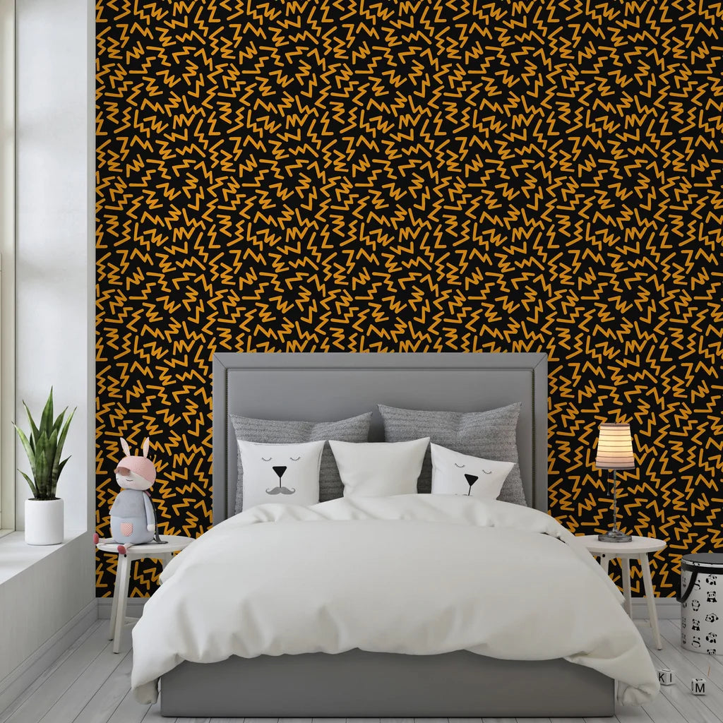 Bold black and vibrant orange zigzag patterns in a Memphis-style self-adhesive wallpaper - Jolt Maze