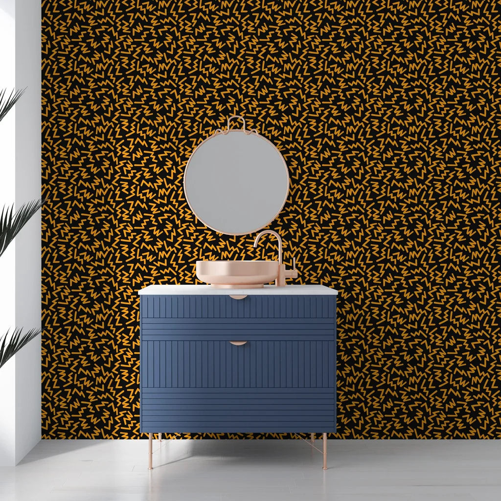 Retro-inspired Memphis geometric print with sharp black and bright orange zigzags on removable vinyl - Jolt Maze