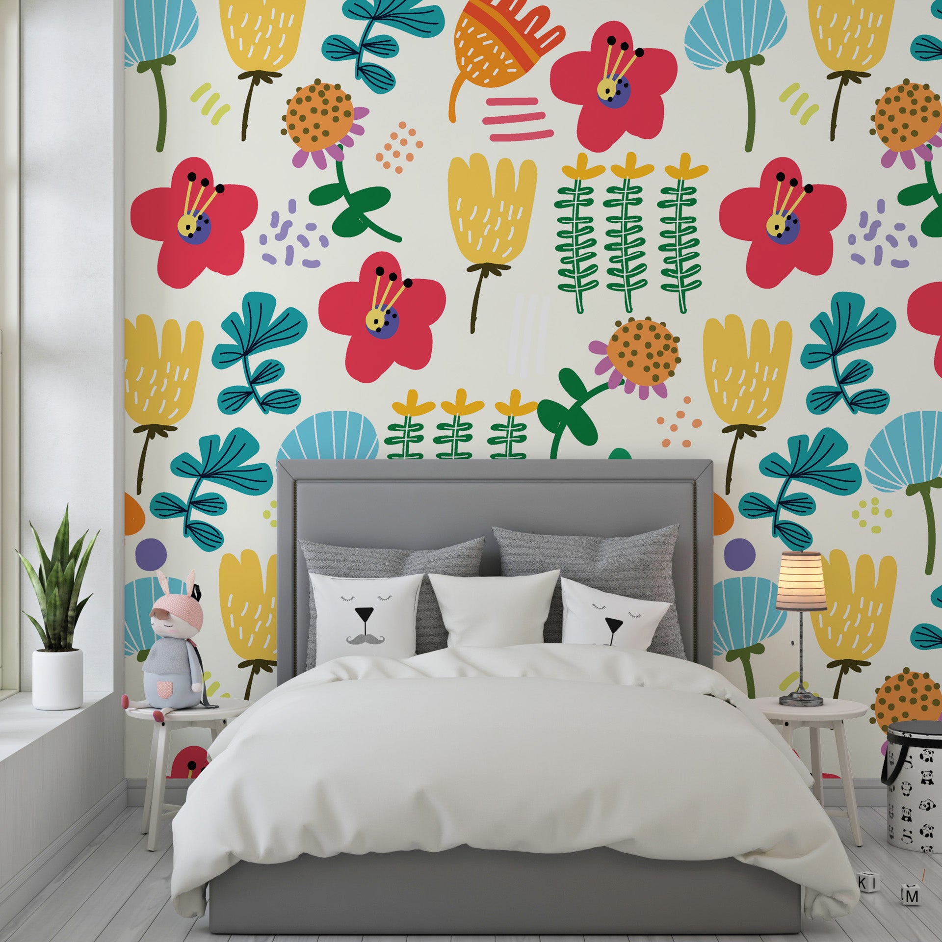 Vibrant folk-style floral patterns on a removable adhesive wallpaper - Joy Bloom