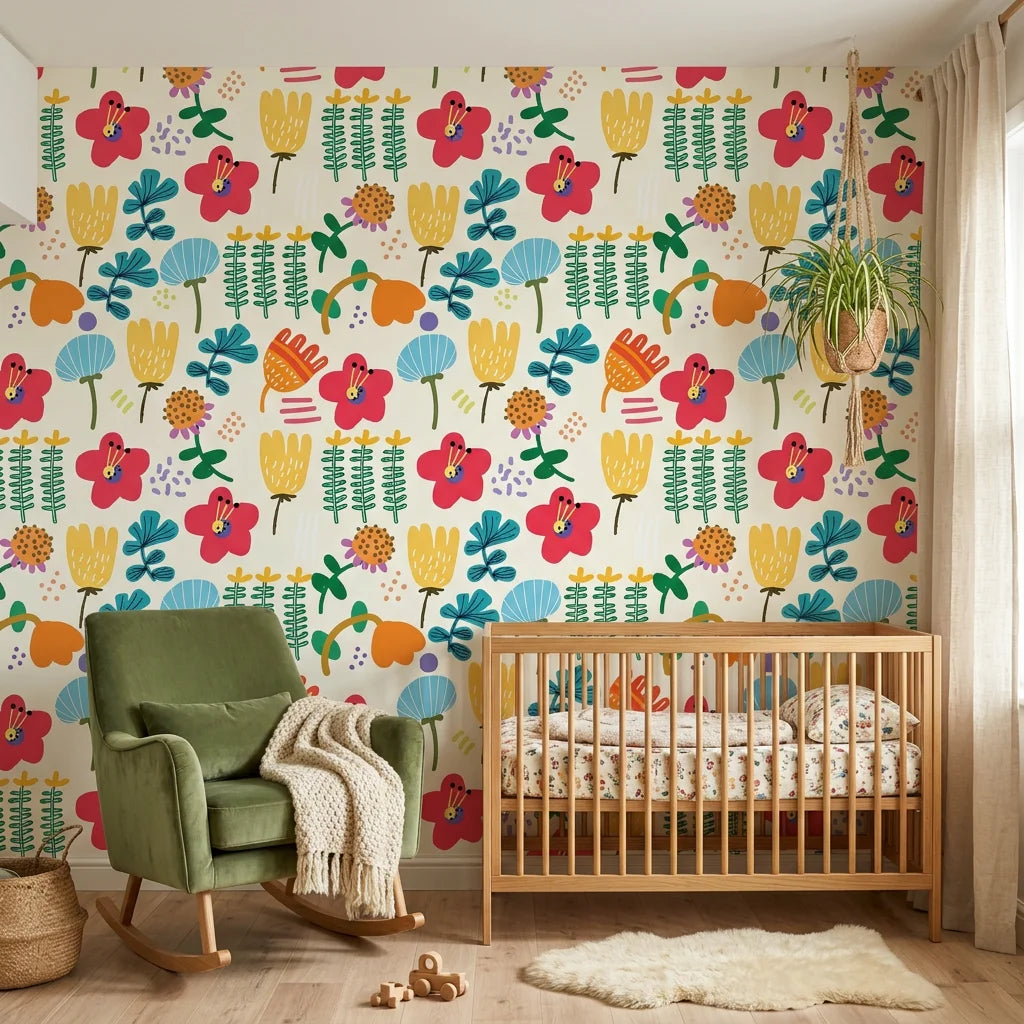 Joy Bloom white colorful scandi floral wallpaper in a warm and inviting living room