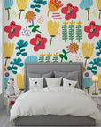 Vibrant folk-style floral patterns on a removable adhesive wallpaper - Joy Bloom