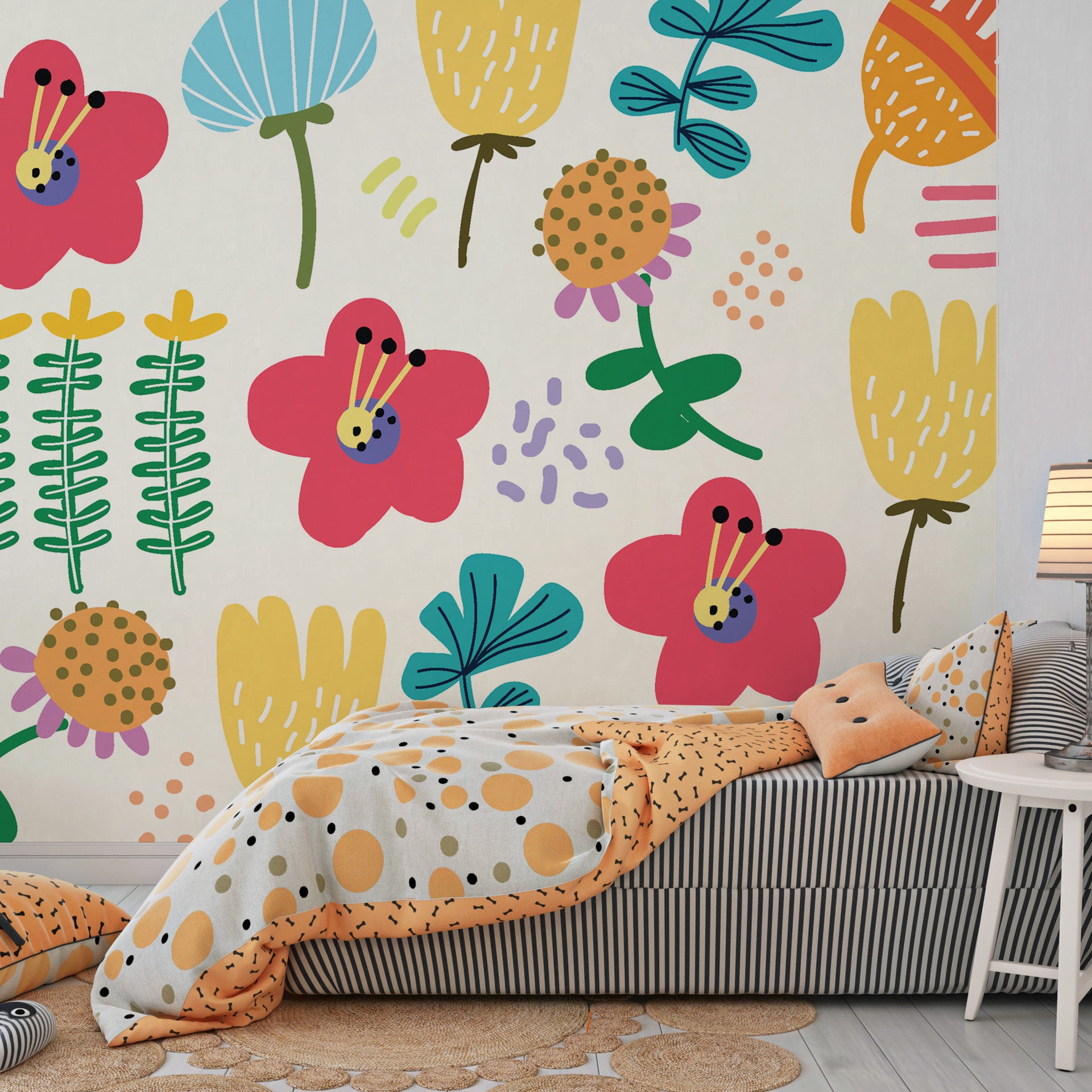 Self-adhesive wall covering featuring multicolored traditional botanical blooms - Joy Bloom