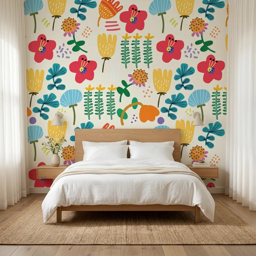 Joy Bloom white colorful scandi floral wallpaper adding character to a cozy bedroom