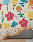 Self-adhesive wall covering featuring multicolored traditional botanical blooms - Joy Bloom