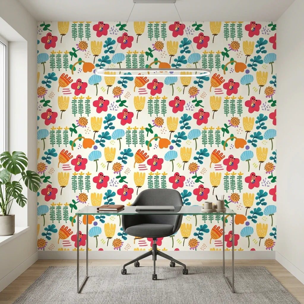 Joy Bloom white colorful scandi floral wallpaper as a feature wall in a bright home office
