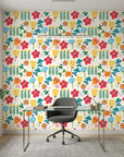 Joy Bloom white colorful scandi floral wallpaper as a feature wall in a bright home office